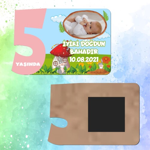 Sevimli Tavşan 5 Yaş İçin Pembe Sayılı  Ahşap Magnet