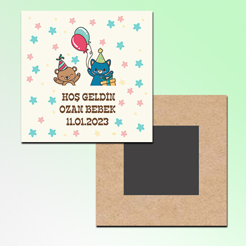 Ayı Figürlü Hoşgeldin Bebek Kare Ahşap Magnet
