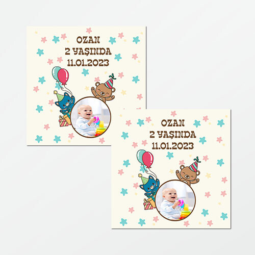 Ayı Figürlü Kare Doğum Günü Sticker