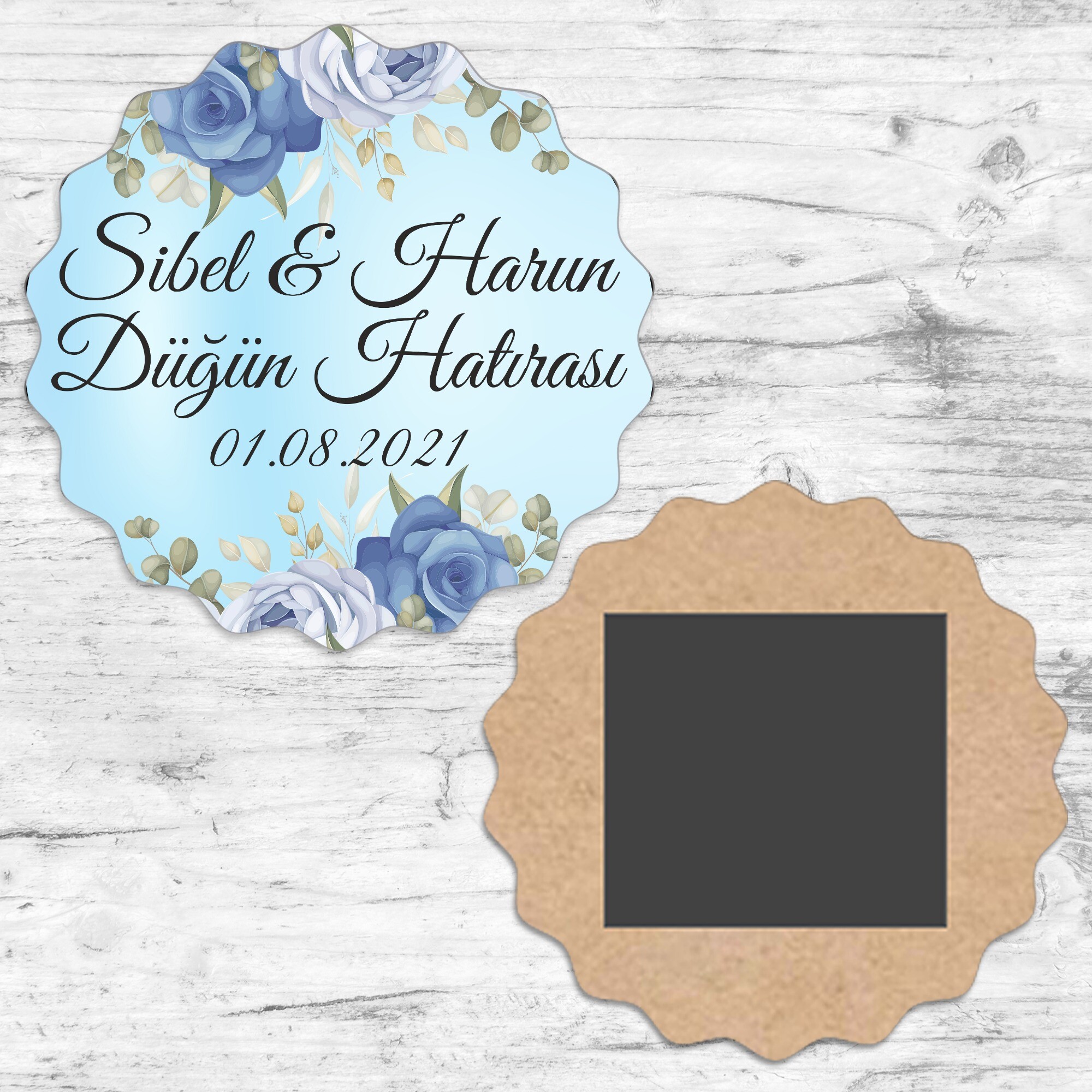 Beyaz Mavi Gül Kına Düğün Dalgalı Ahşap Magnet