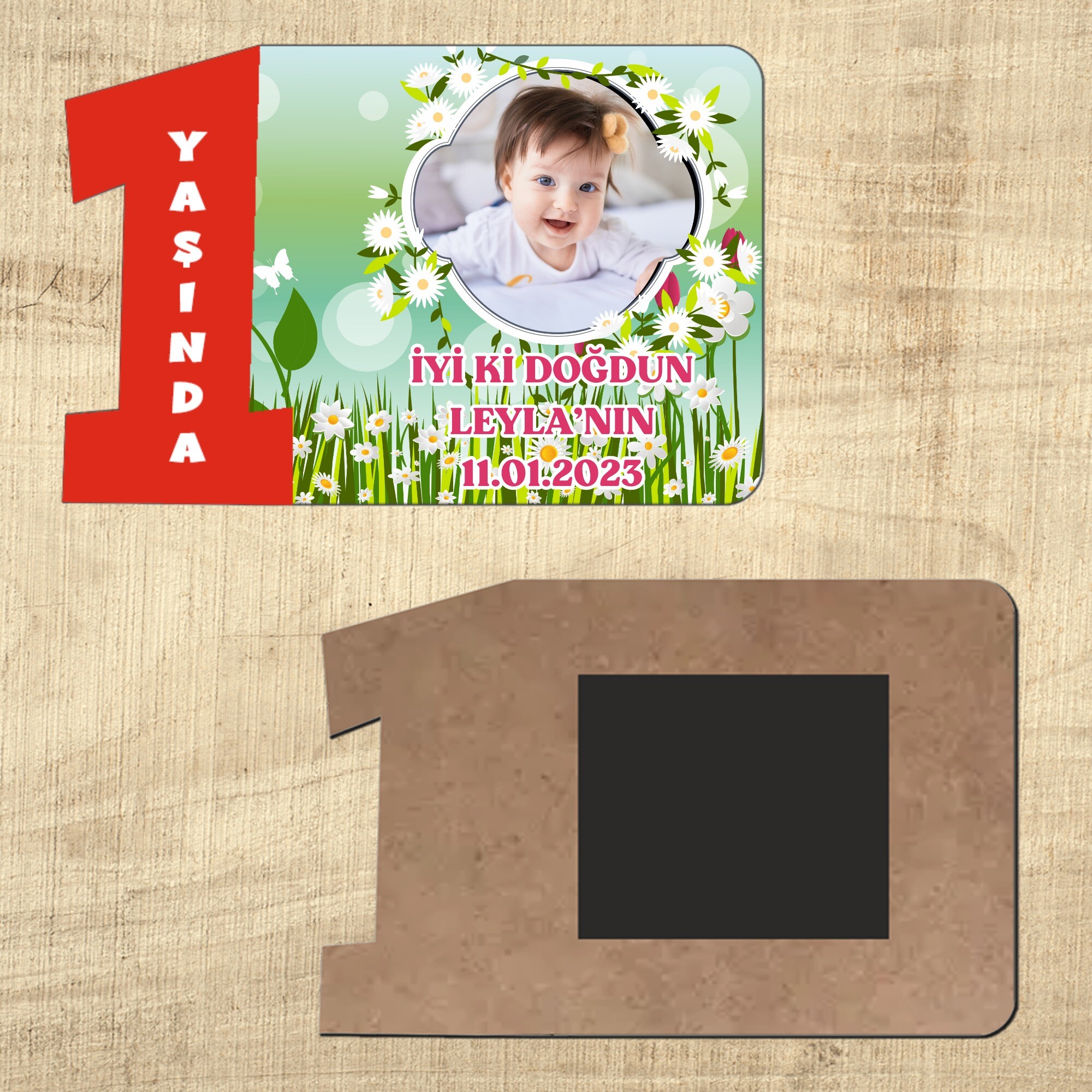 Papatya ve Laleli Kırmızı Rakamlı 1 Yaş Ahşap Magnet