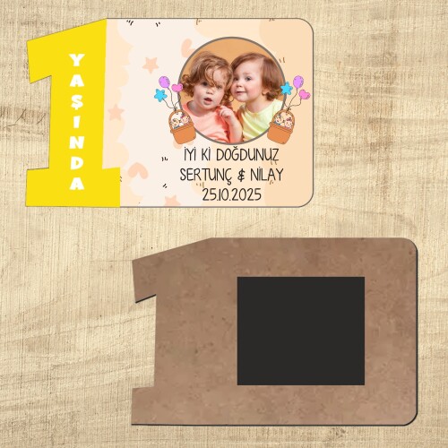 İkiz Bebek Sarı Rakamlı 1 Yaşında Magnet Ahşap