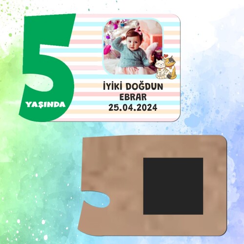 Sevimli Kediler Yeşil Rakamlı Ahşap 5 Yaşında Magnet