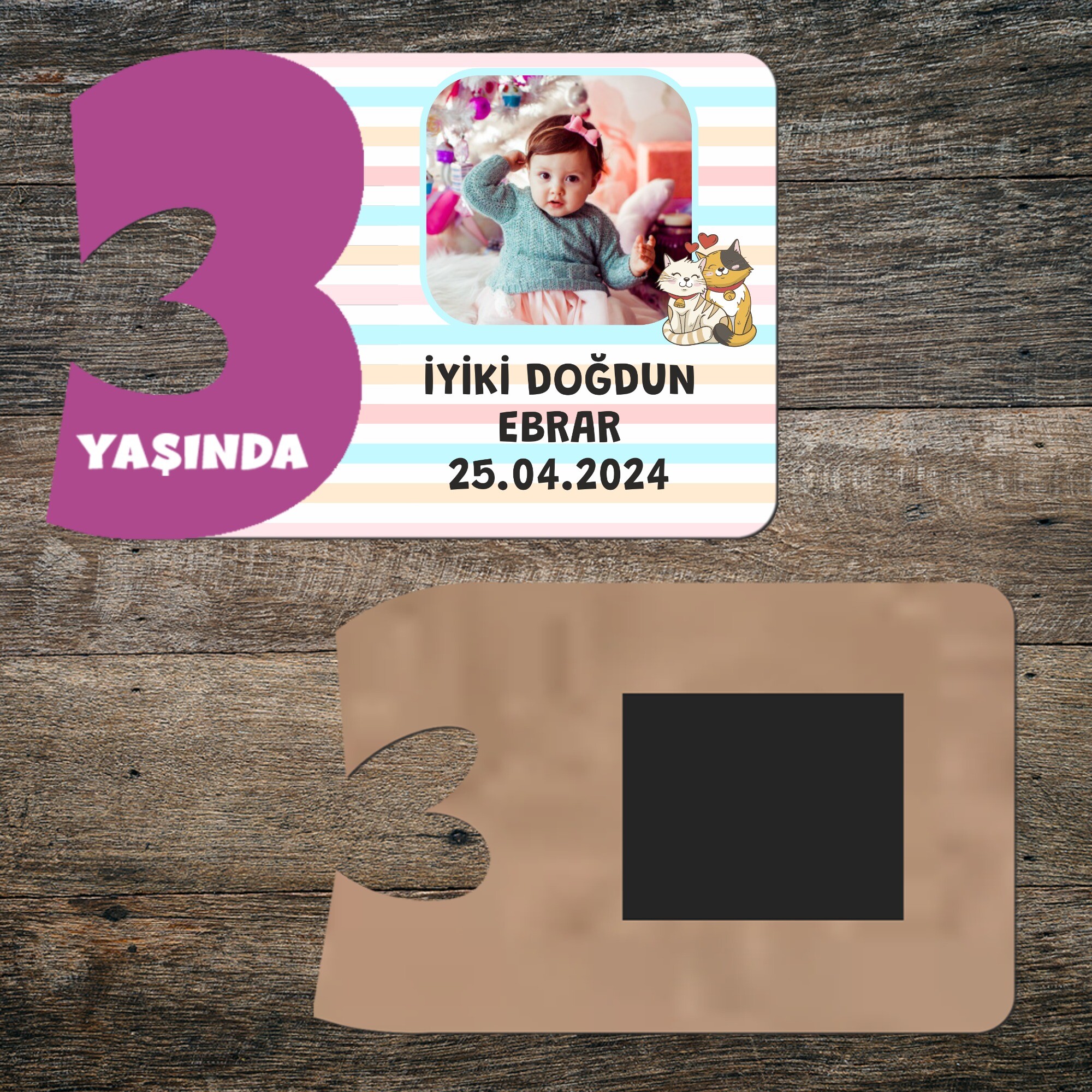Sevimli Kediler 3 Yaşında Mor Rakam Ahşap Magnet