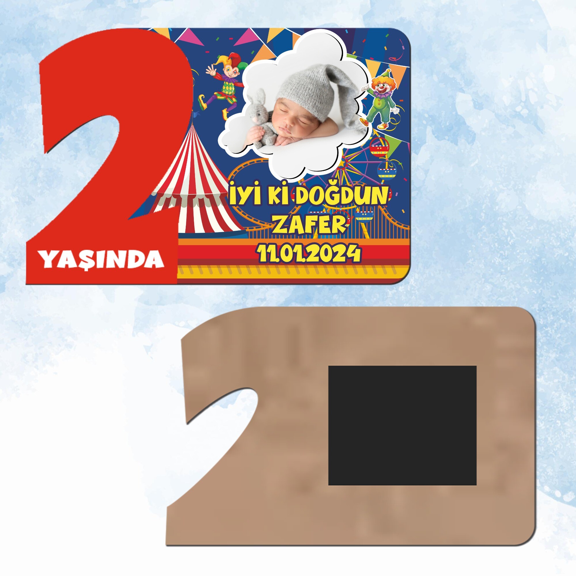 Palyaço Temalı Kırmızı 2 Yaşında Ahşap Mıknatıslı