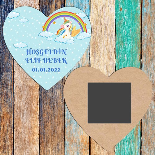 Unicornlu Ahşap Kalp Magnet