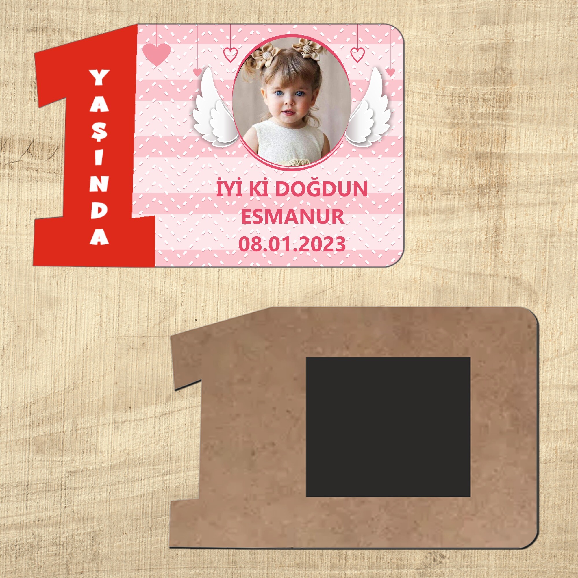 Melek Kanadı Temalı Kırmızı Rakamlı 1 Yaş Ahşap Magnet