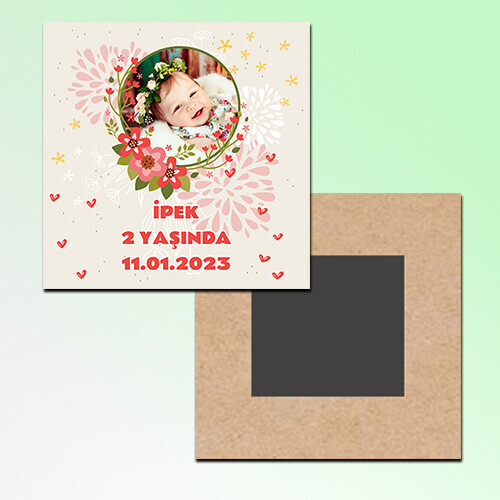 Çiçekli Kare Ahşap Magnet