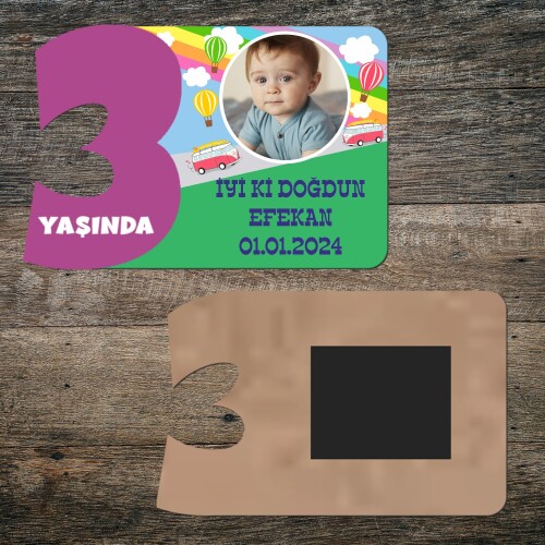 Otobüslü 3 Yaşında Mor Rakam Ahşap Magnet