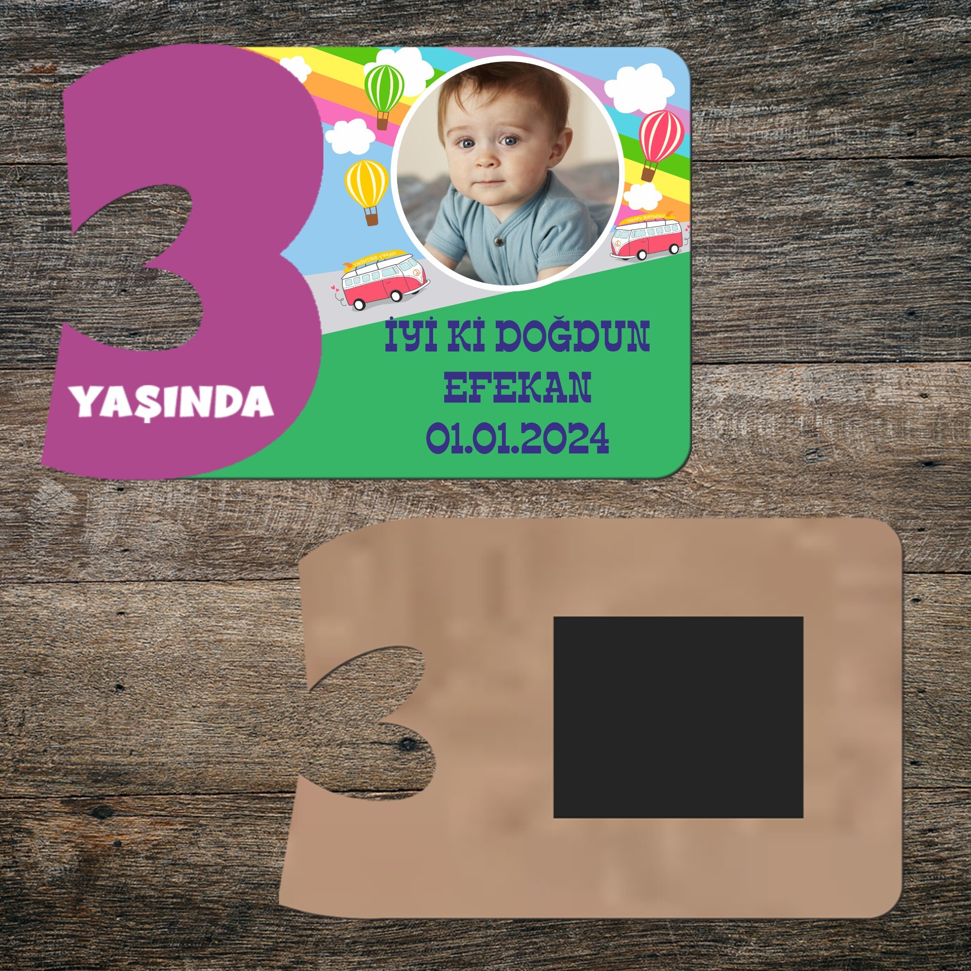Otobüslü 3 Yaşında Mor Rakam Ahşap Magnet