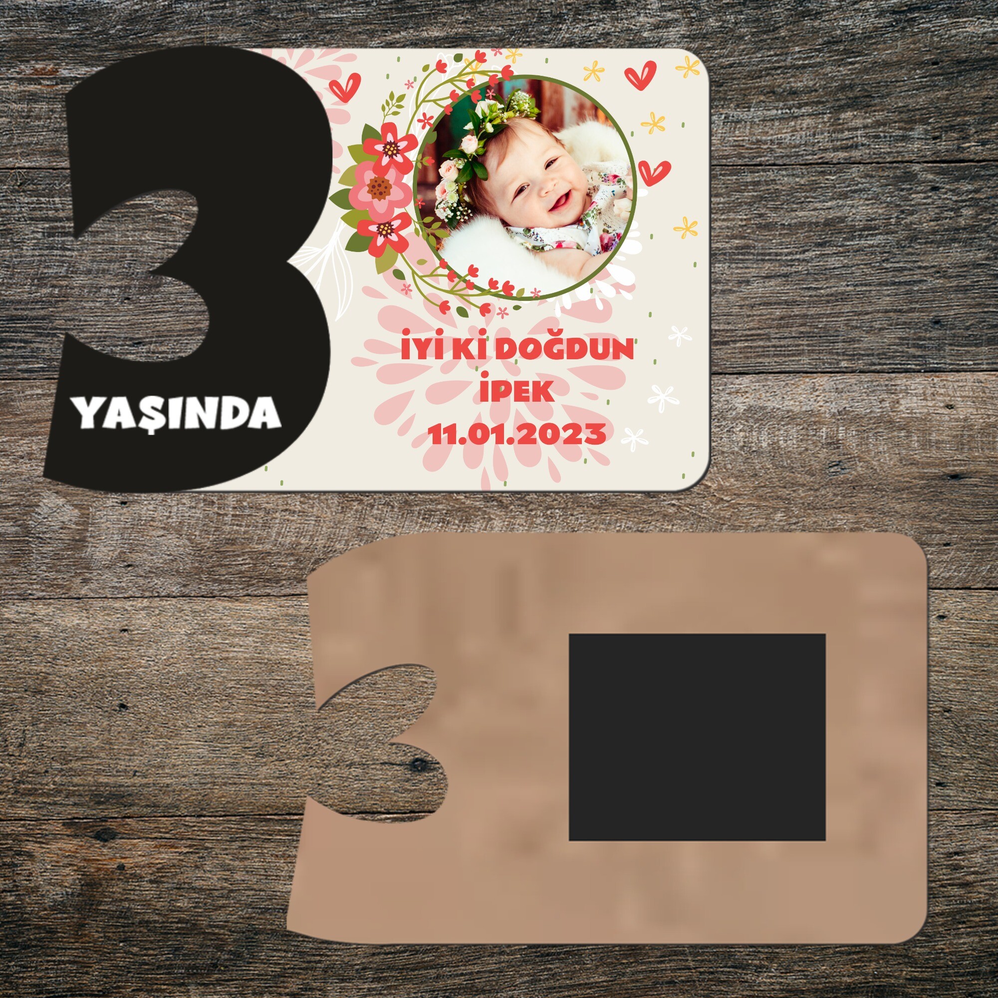 Çiçekli 3 Rakamlı Hatıra Magnet Siyah