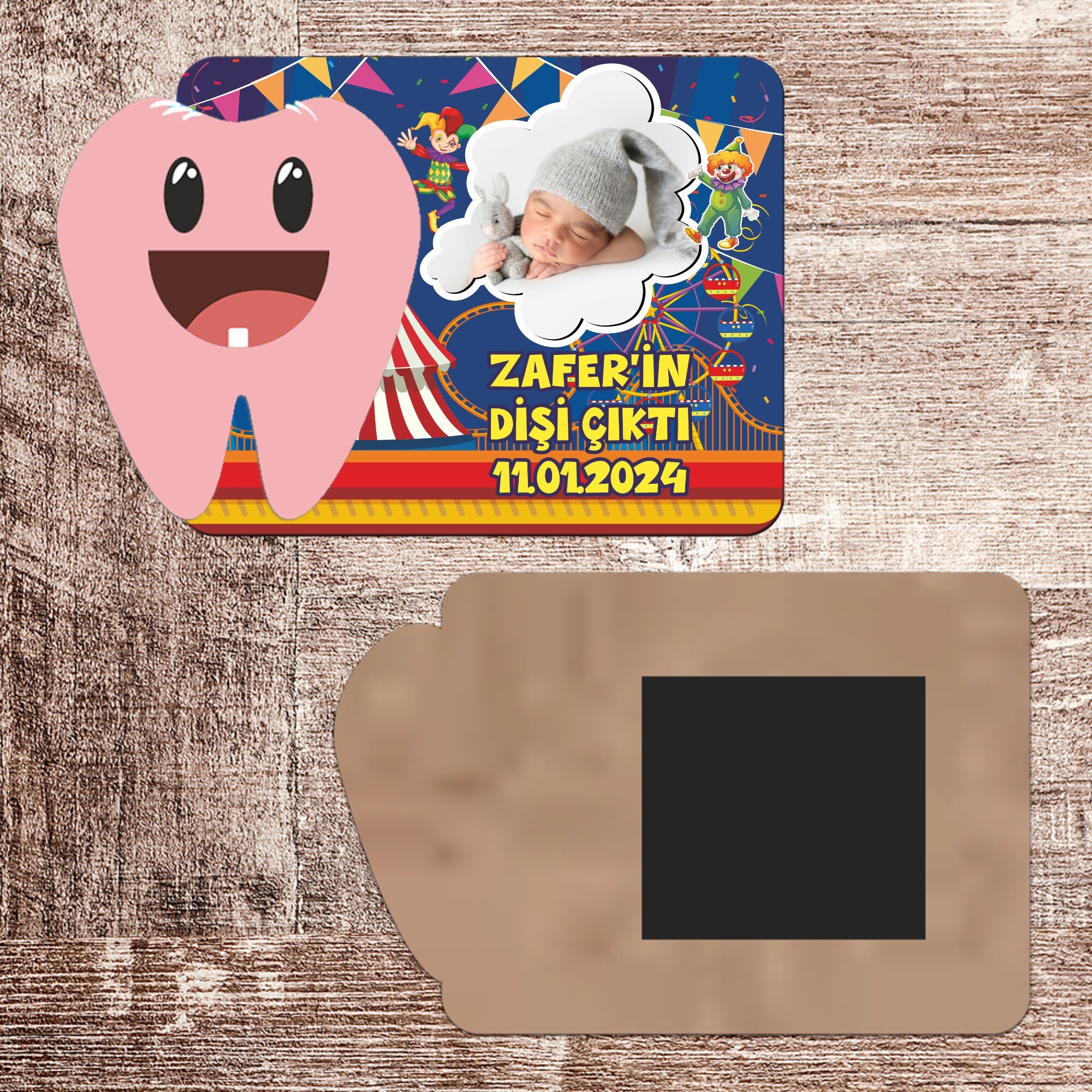 Palyaço Temalı İlk Diş Hatırası Pembe Diş Magnet Ahşap