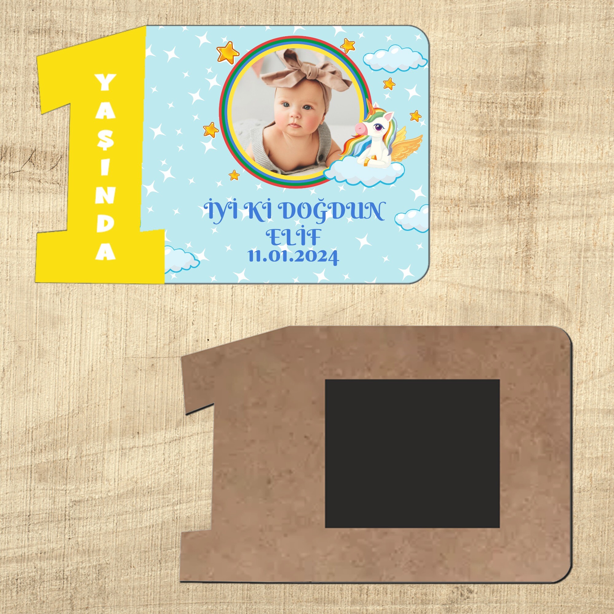 Unicornlu Sarı Rakamlı 1 Yaşında Magnet Ahşap