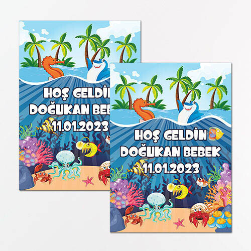 Deniz Canlıları Konsept Dikdörtgen Bebek Sticker Etiket