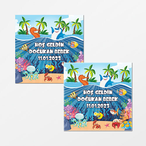 Deniz Canlıları Konsept Kare Bebek Etiketi