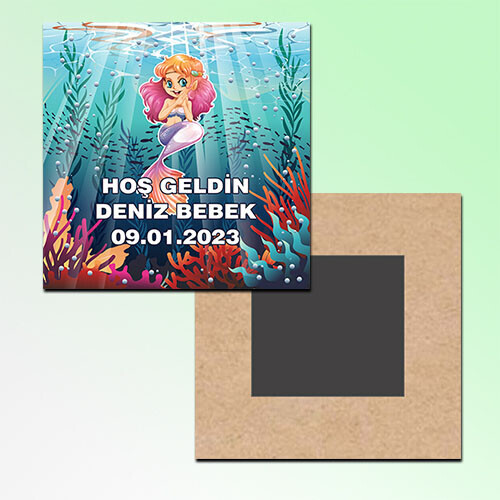 Deniz Kızı Hoşgeldin Bebek Kare Ahşap Magnet