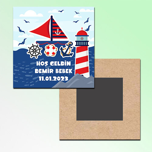 Denizci Teması Hoşgeldin Bebek Kare Ahşap Magnet