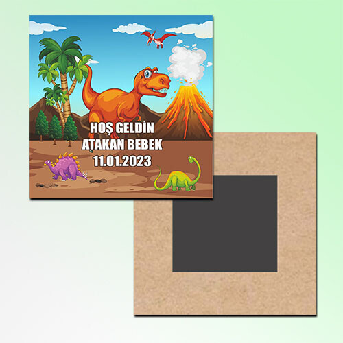Dinazor Temalı Hoşgeldin Bebek Kare Ahşap Magnet