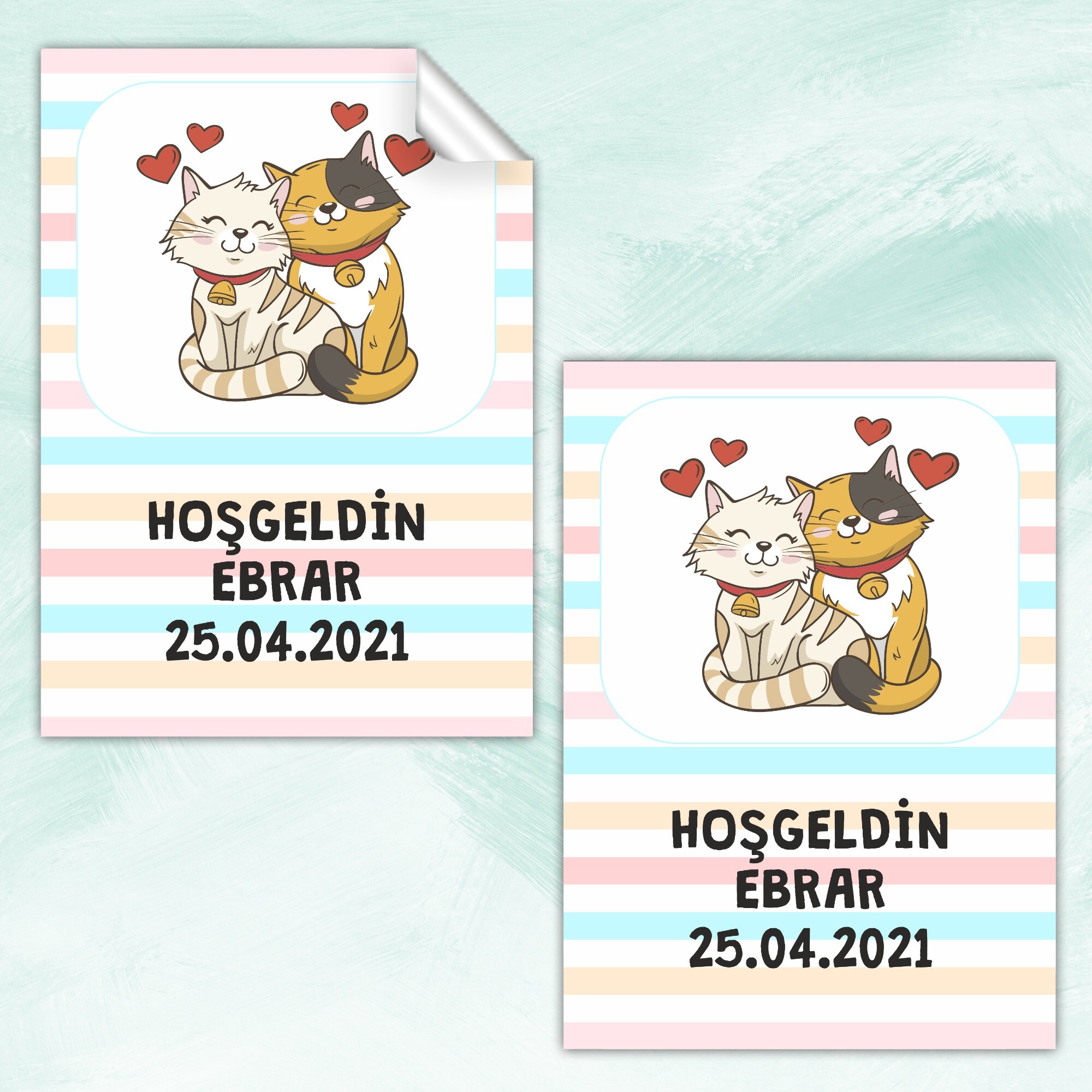 Sevimli Kediler Dikdörtgen Bebek Sticker Etiket