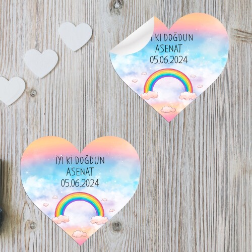 Gökkuşağı Temalı Kalp Şeklinde Sticker Etiket