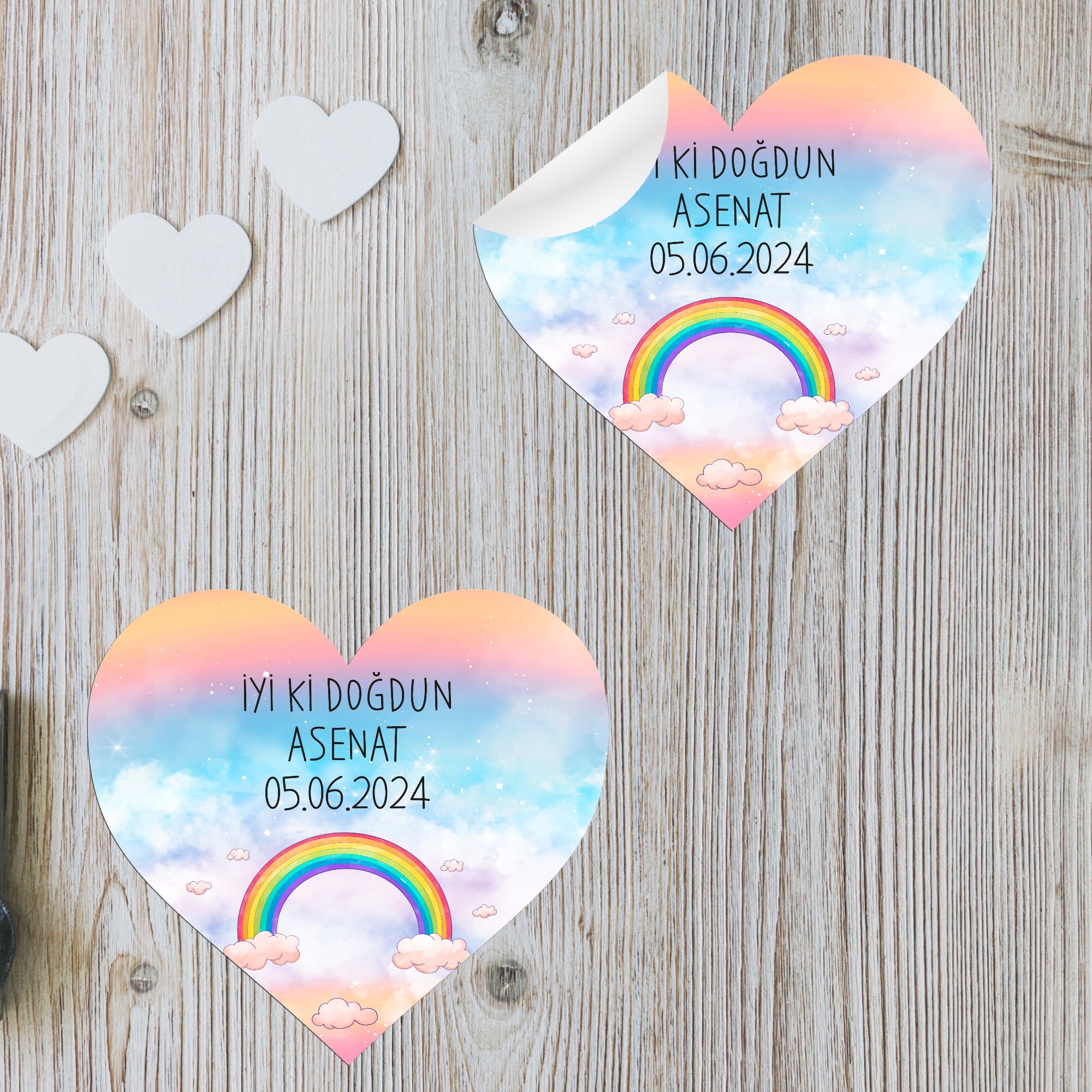 Gökkuşağı Temalı Kalp Şeklinde Sticker Etiket