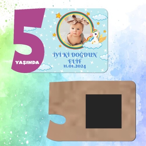 Unicornlu Mor Rakamlı 5 Yaşında Magnet Ahşap