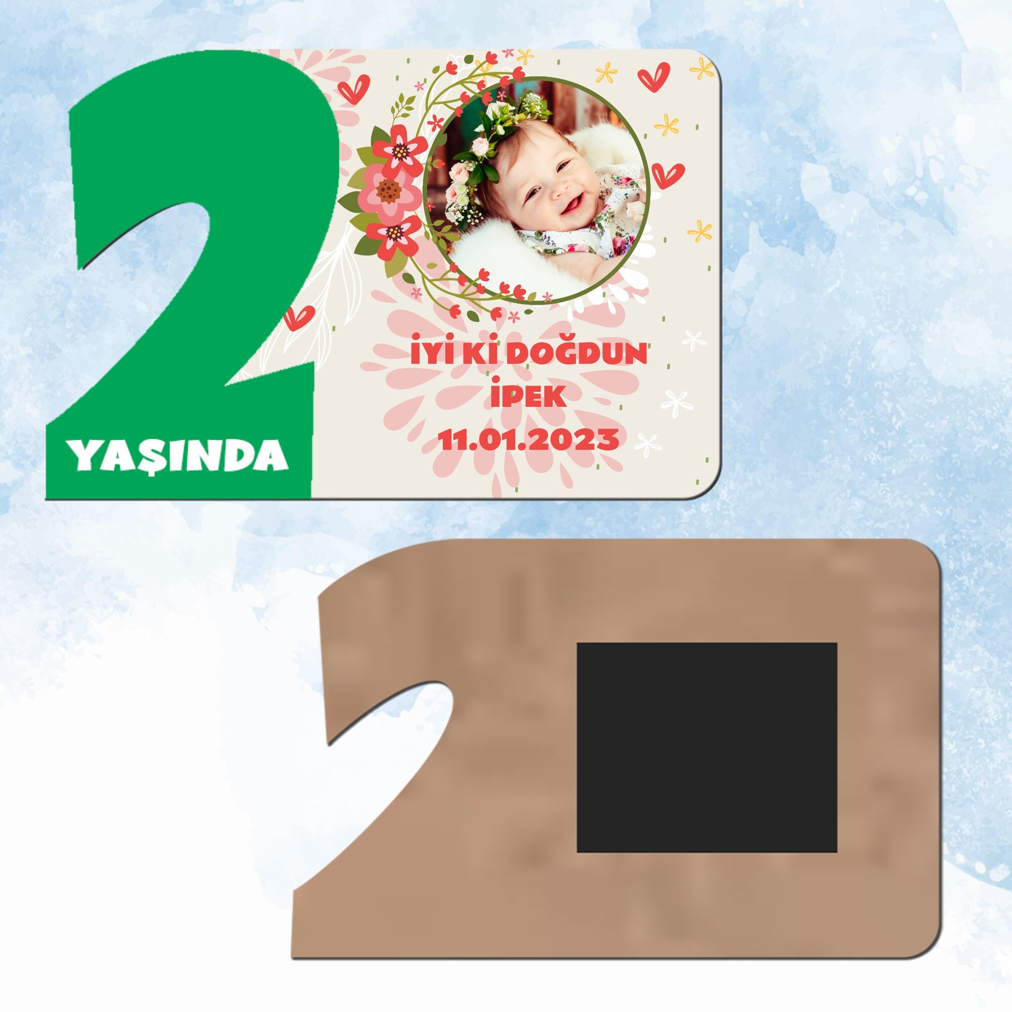 Çiçekli Yeşil Rakamlı 2 Yaş Hediye Ahşap Magnet