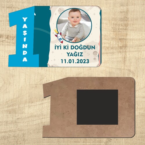 Roket Temalı 1 Yaş Mavi Rakamlı Ahşap Magnet