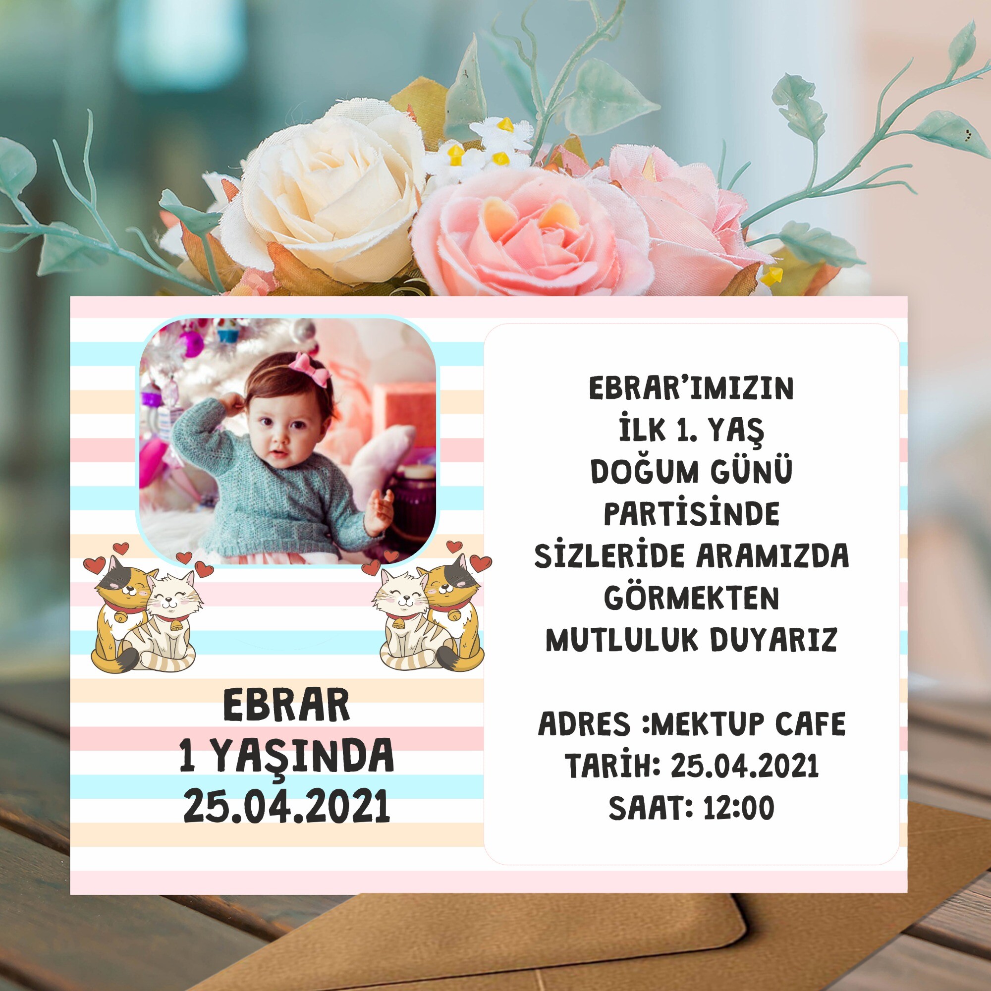 Sevimli Kediler Doğum Günü İçin Zarflı Davetiye