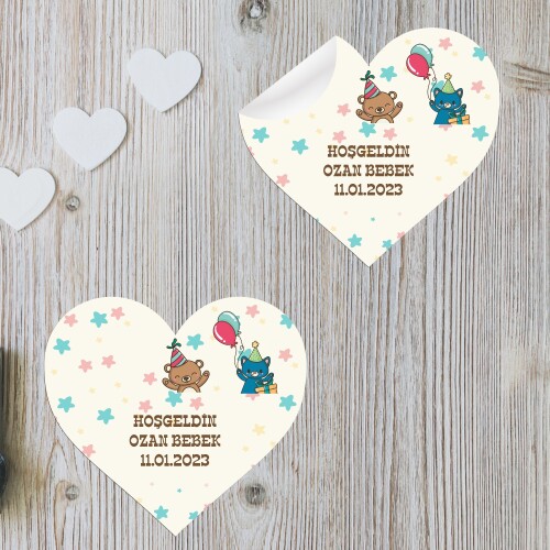 Ayı Figürlü Kalp Şeklinde Sticker Etiket
