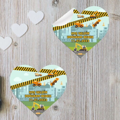 İş Makinaları Tasarımlı Kalp Şeklinde Sticker Etiket