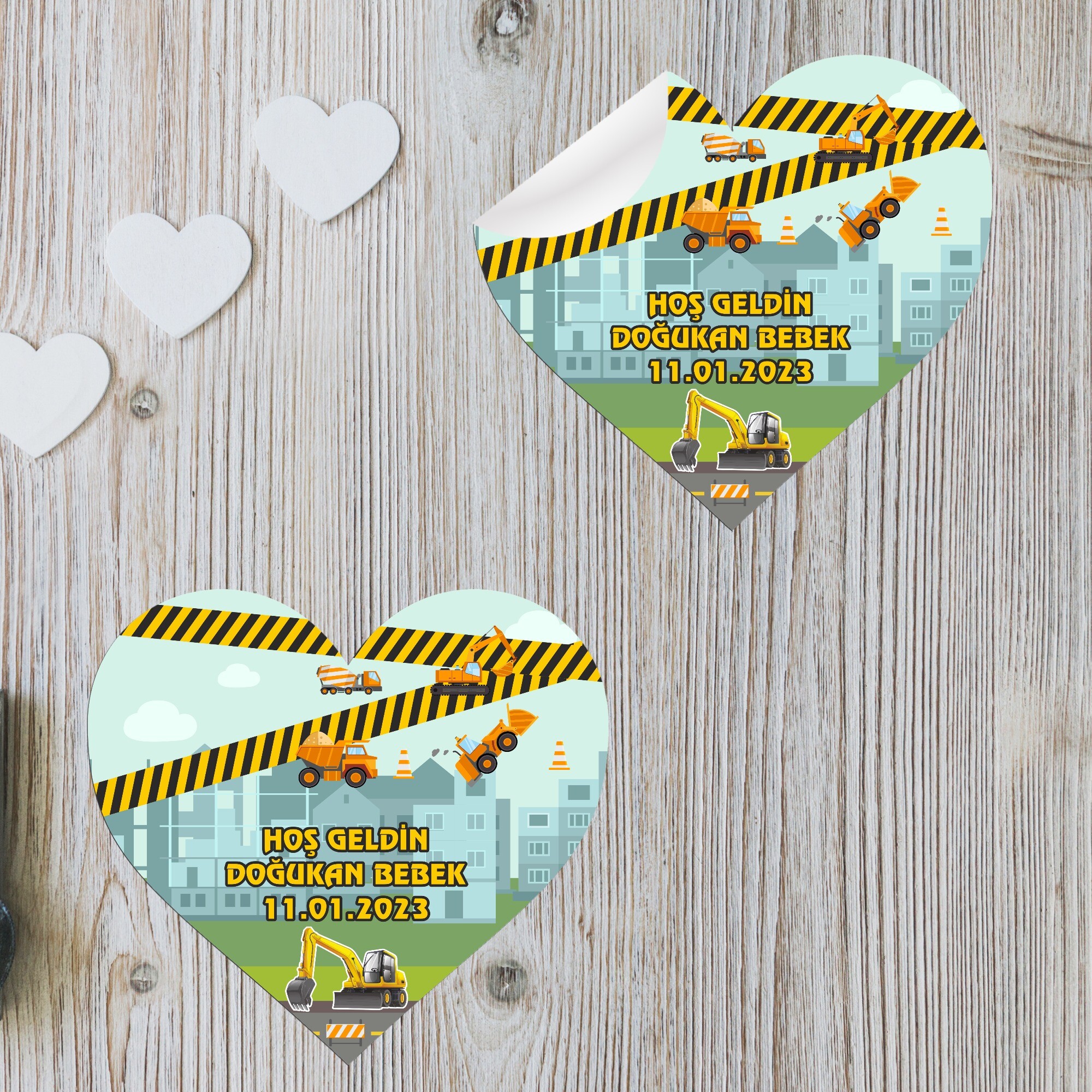 İş Makinaları Tasarımlı Kalp Şeklinde Sticker Etiket
