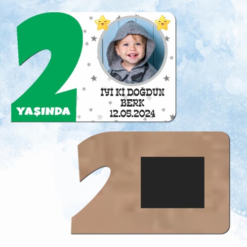 Star Temalı Yeşil Rakamlı 2 Yaş Hediye Ahşap Magnet