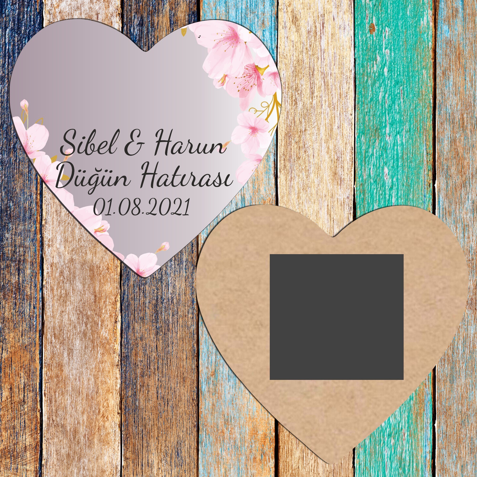 Kiraz Çiçeği Kına Düğün Hediyelik Ahşap Kalp Magnet
