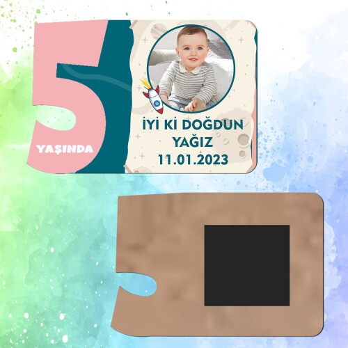 Roket Temalı 5 Yaş İçin Pembe Sayılı  Ahşap Magnet