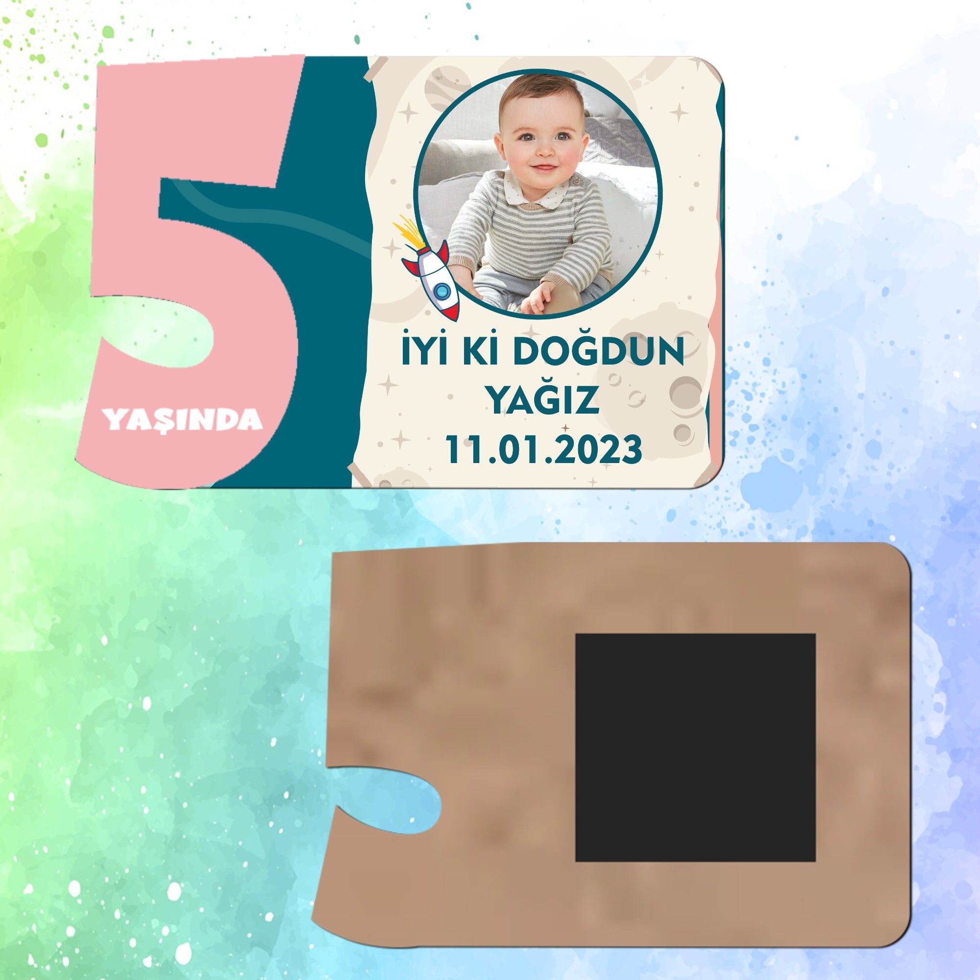 Roket Temalı 5 Yaş İçin Pembe Sayılı  Ahşap Magnet