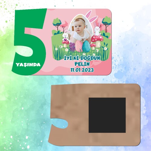 Tavşan Kız Temalı Yeşil Rakamlı Ahşap 5 Yaşında Magnet
