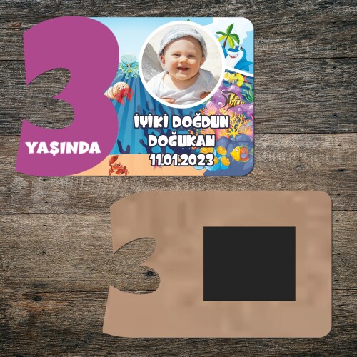 Deniz Canlıları Konsept 3 Yaşında Mor Rakam Ahşap Magnet