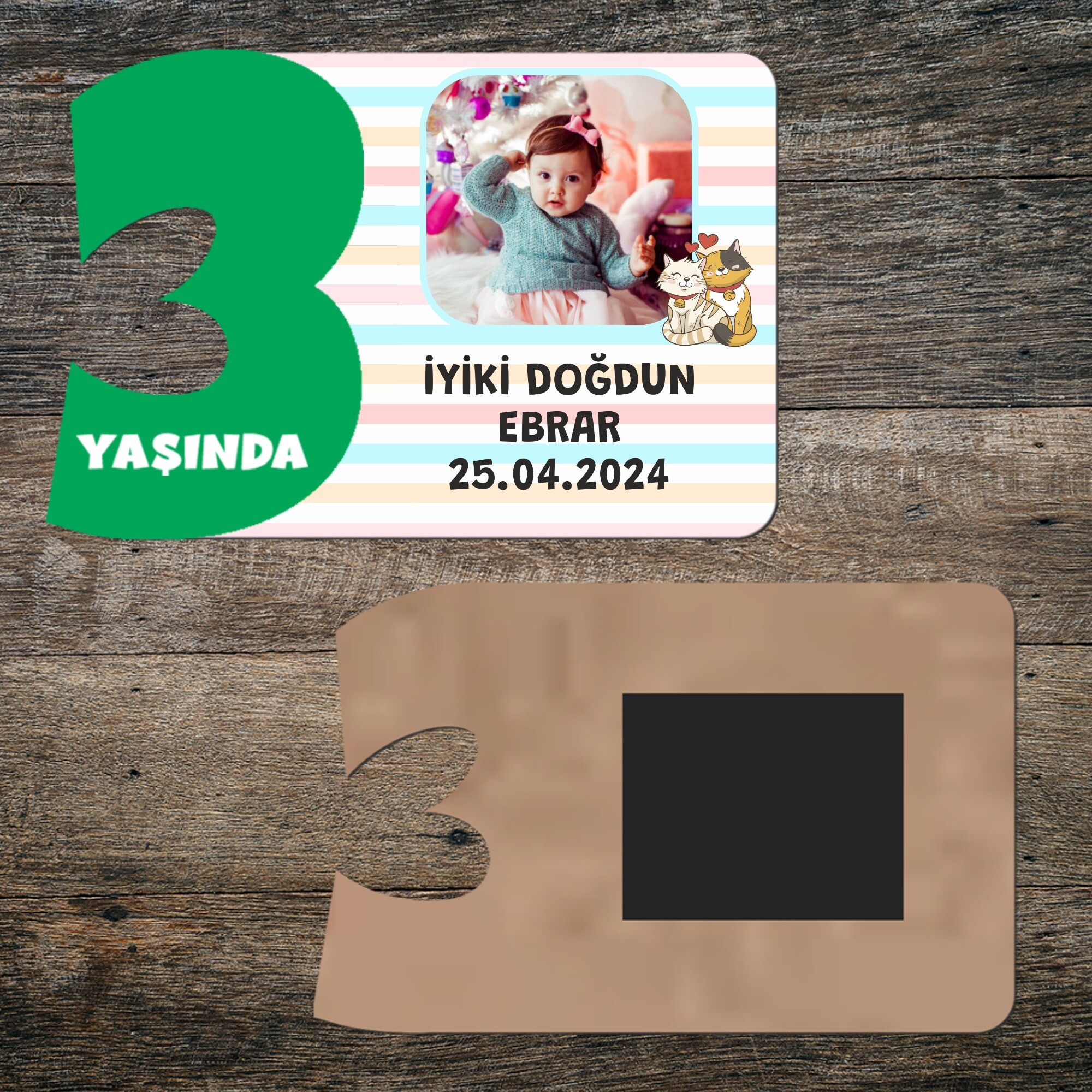 Sevimli Kediler 3 Yaş İçin Yeşil Rakam Ahşap Doğum Günü Magneti