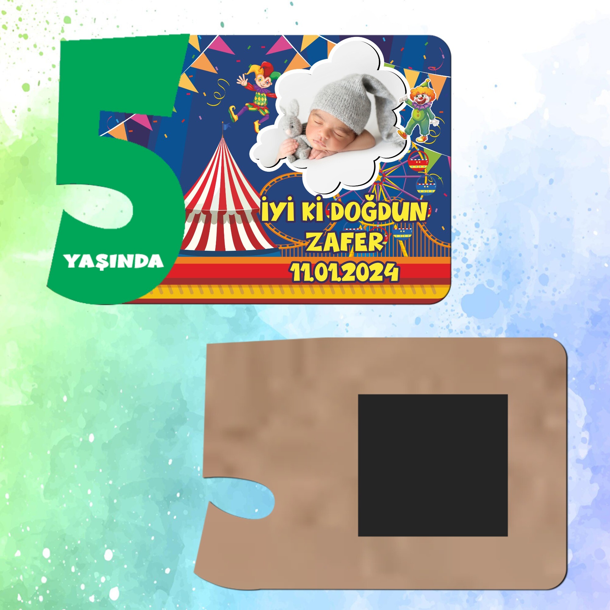 Palyaço Temalı Yeşil Rakamlı Ahşap 5 Yaşında Magnet