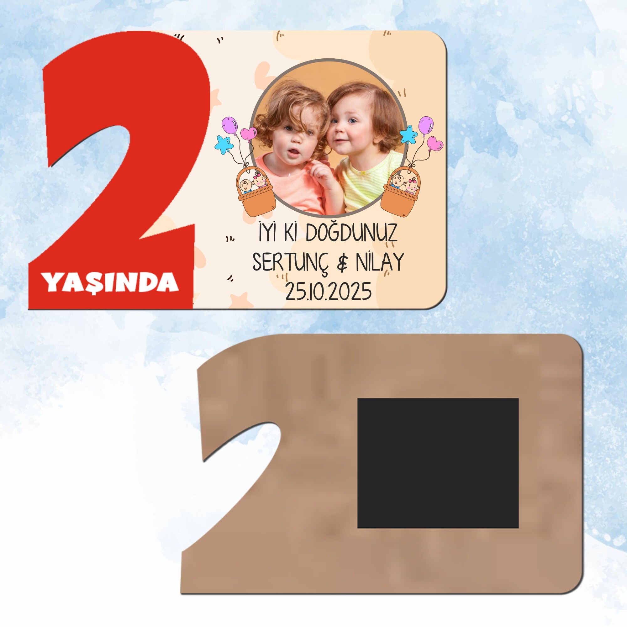İkiz Bebek Kırmızı 2 Yaşında Ahşap Mıknatıslı