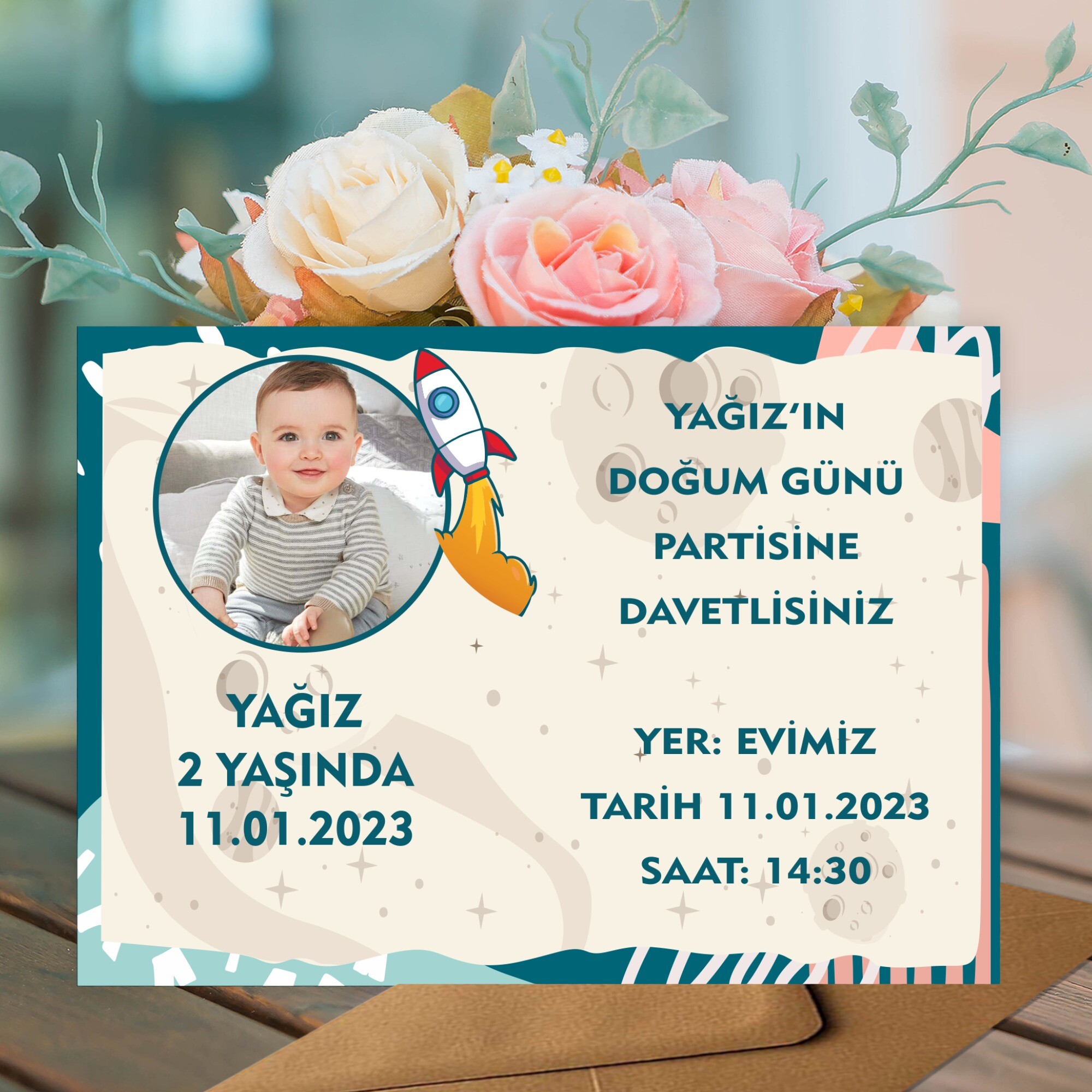 Roket Temalı Doğum Günü İçin Zarflı Davetiye