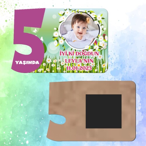 Papatya ve Laleli Mor Rakamlı 5 Yaşında Magnet Ahşap
