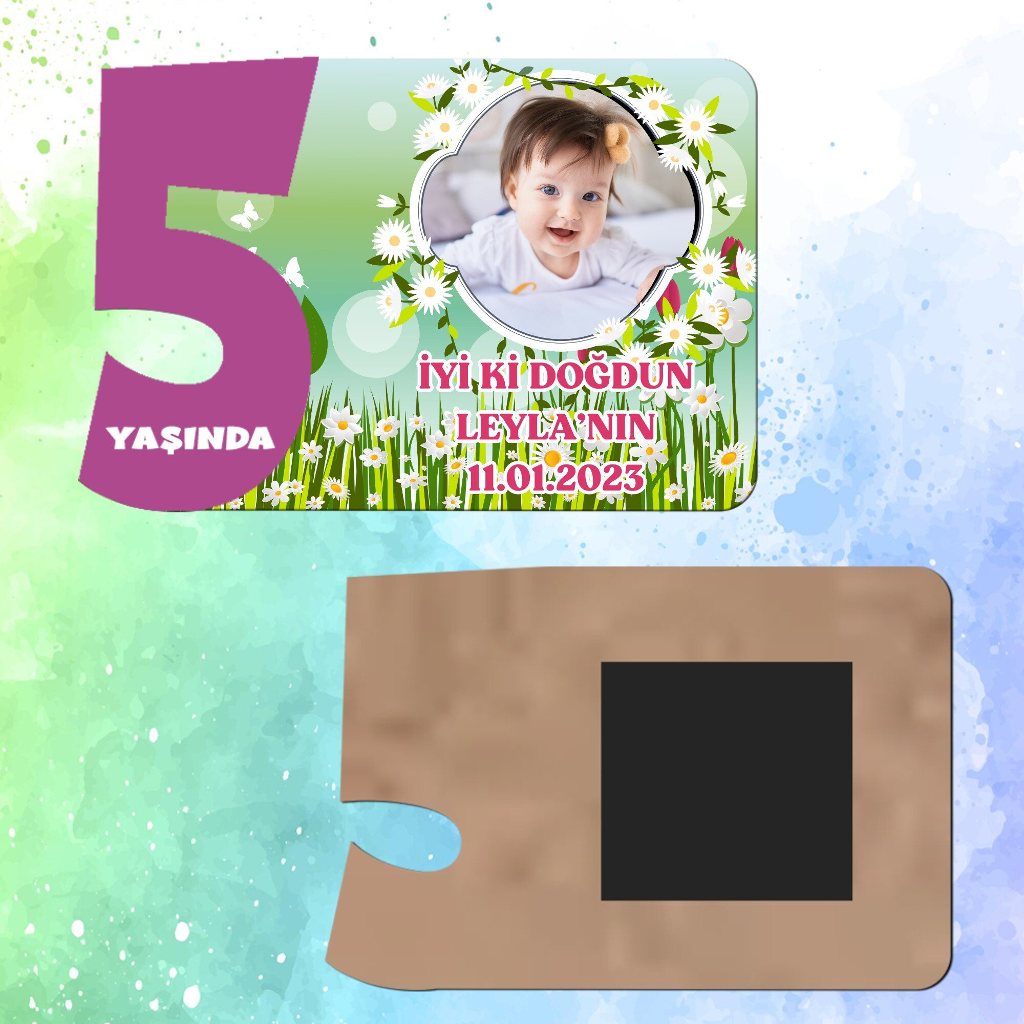 Papatya ve Laleli Mor Rakamlı 5 Yaşında Magnet Ahşap
