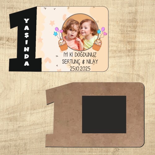 İkiz Bebek 1 Yaşındayım Siyah Rakam Magnet Ahşap
