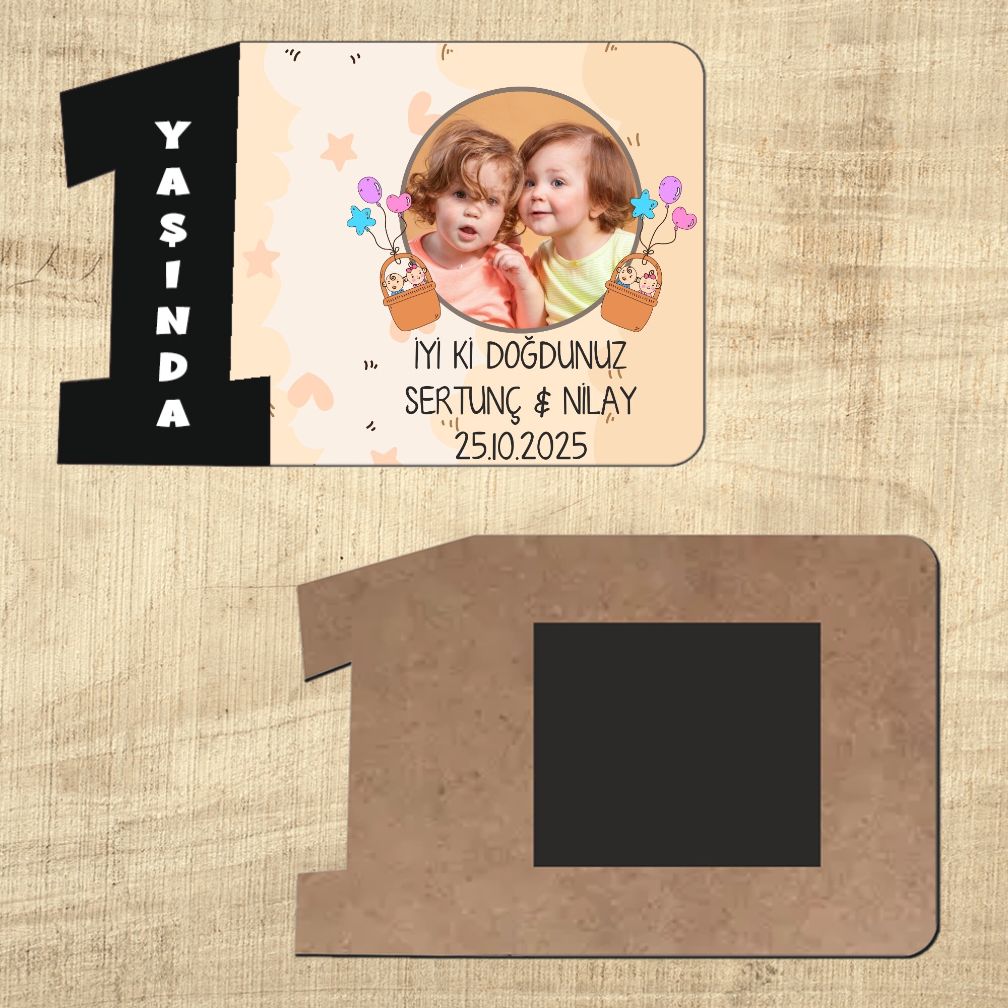 İkiz Bebek 1 Yaşındayım Siyah Rakam Magnet Ahşap