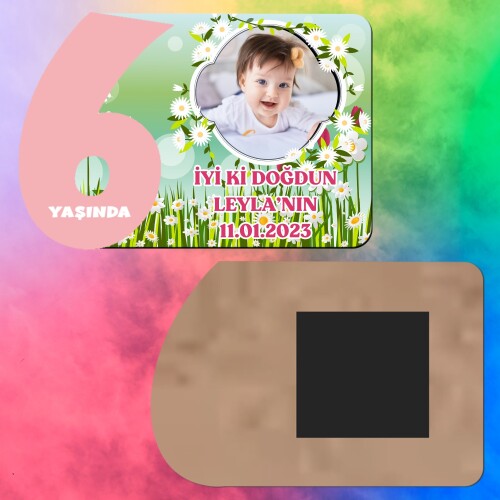 Papatya ve Laleli 6 Yaş Kız Çocuk Ahşap Pembe Rakam Magnet