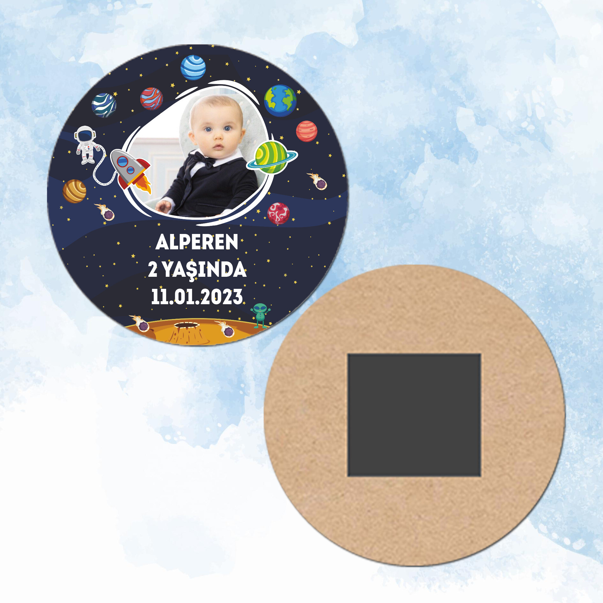 Uzay Temalı Yuvarlak Ahşap Magnet