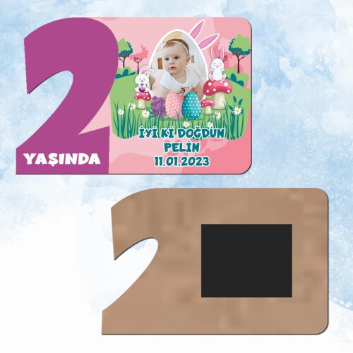 Tavşan Kız Temalı Mor Rakam 2 Yaşında Ahşap Hediye Magnet