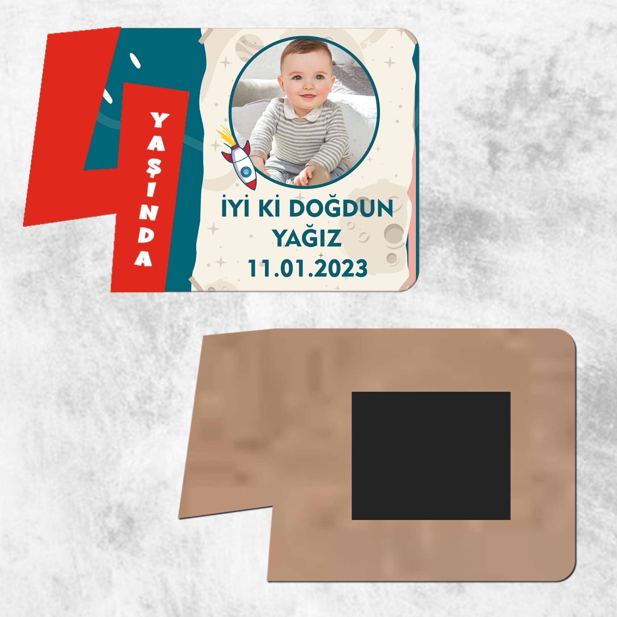 Roket Temalı 4 Yaş Çocuk İçin Kırmızı Ahşap Magnet Hatırası